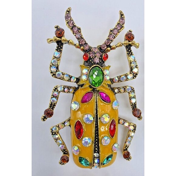 Beetle Scarab Brooches Lot of 2 Teal‎ Yellow Enamel Rhinestones Gold Tone Egypt - Picture 3 of 8